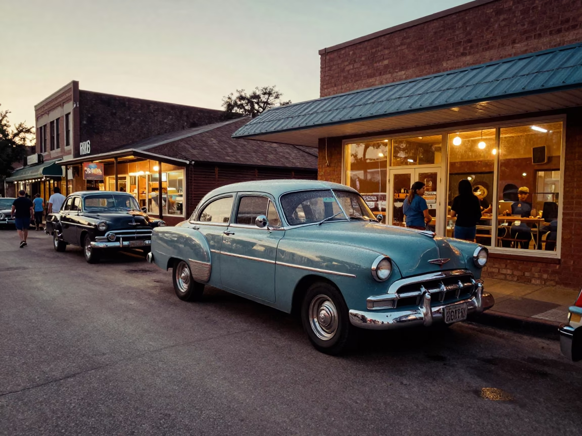 Vintage 1950s Austin Texas Evening Street Scene with Condensation on Handle and Storage Tin in in Austin, Texas, United States