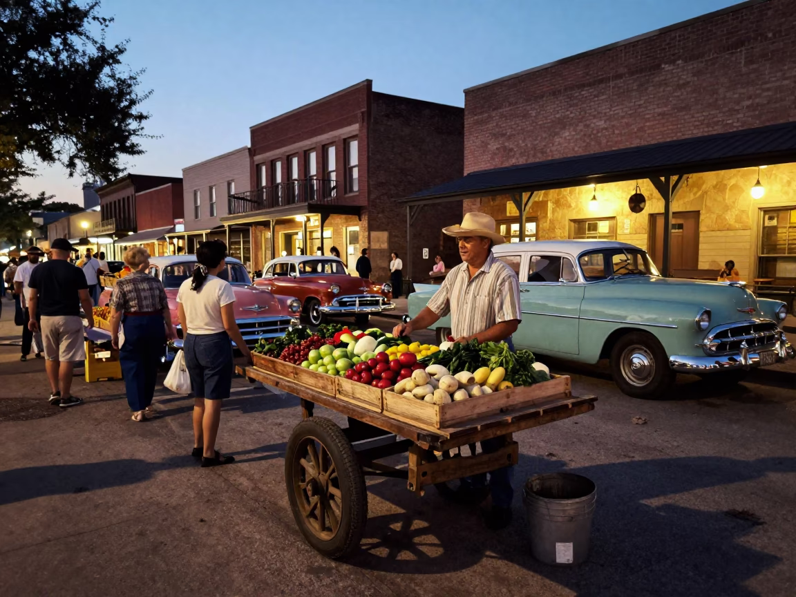 Vintage 1950s Austin Texas Evening Street Scene with Local Market Goods in in Austin, Texas, United States