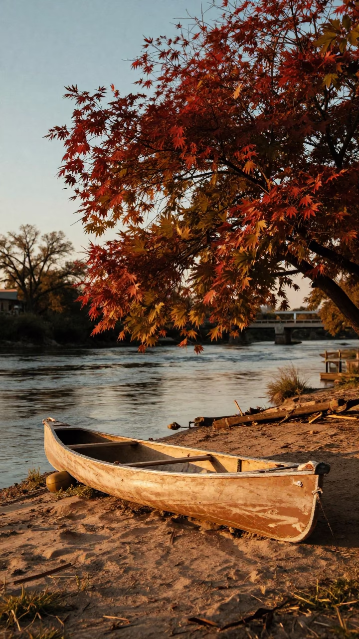 Vintage 1950s Austin Texas Golden Hour Scene with Canoe and Japanese Maple in in Austin, Texas, United States
