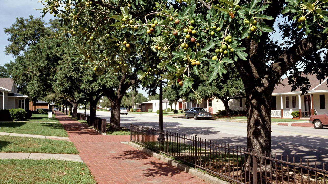 Vintage 1950s Austin Texas Midday Street Scene with Fig Tree and Hydrangeas in in Austin, Texas, United States