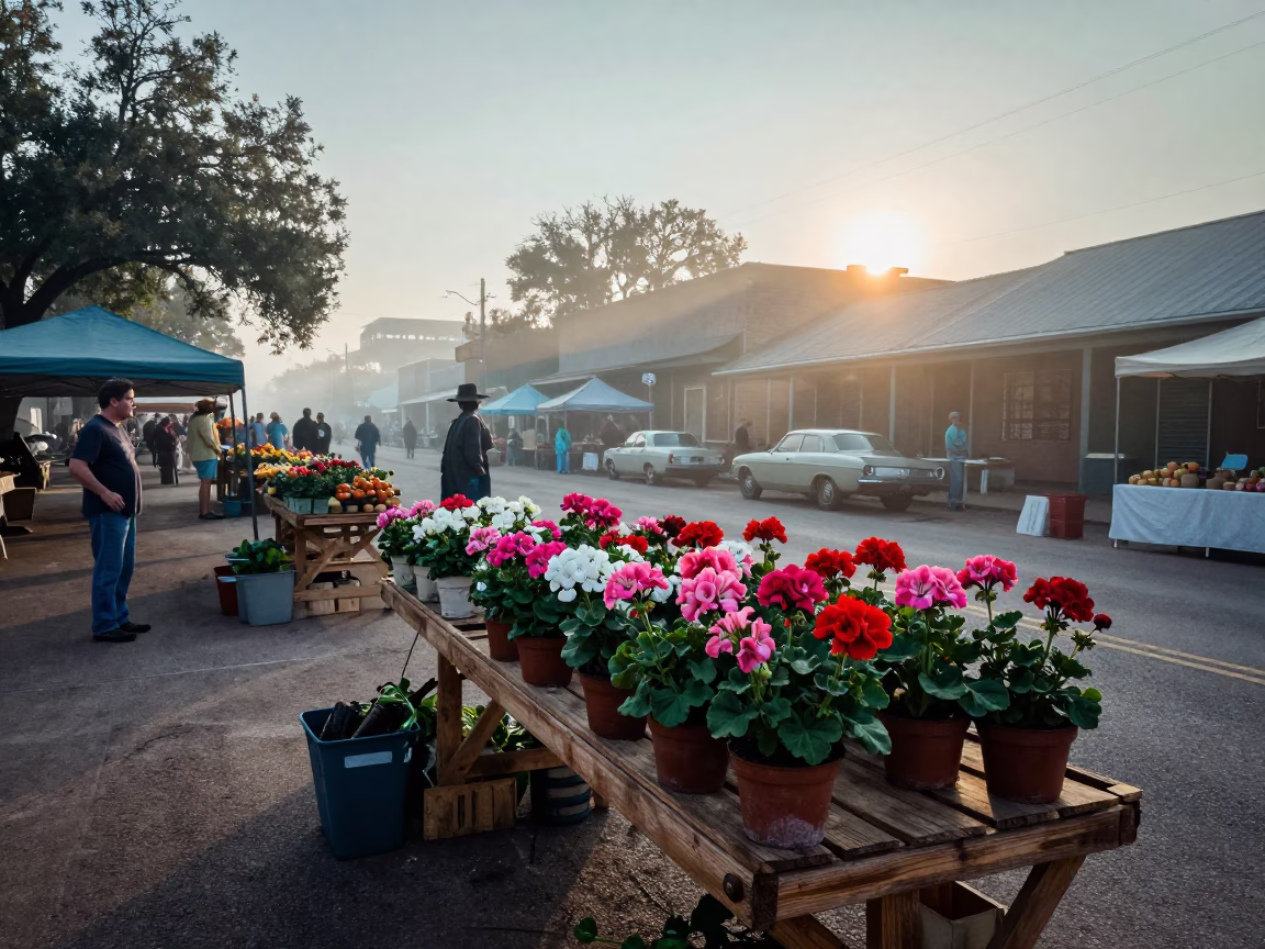 Vintage 1950s Austin Texas Morning Market with Potted Geraniums and Ceramic Plates in in Austin, Texas, United States