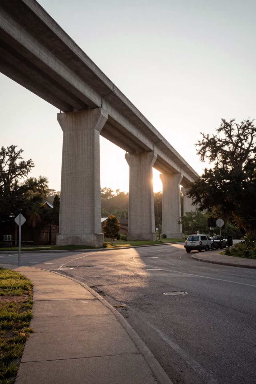 Vintage 1950s Austin Texas Morning Street Scene with Concrete Viaduct and Sunlight in in Austin, Texas, United States