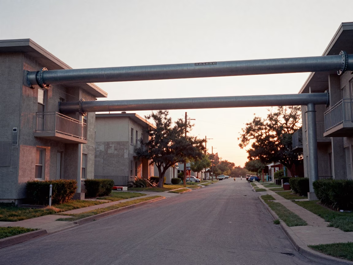 Vintage 1950s Austin Texas Street Scene with District Heating Pipes and Morning Light in in Austin, Texas, United States