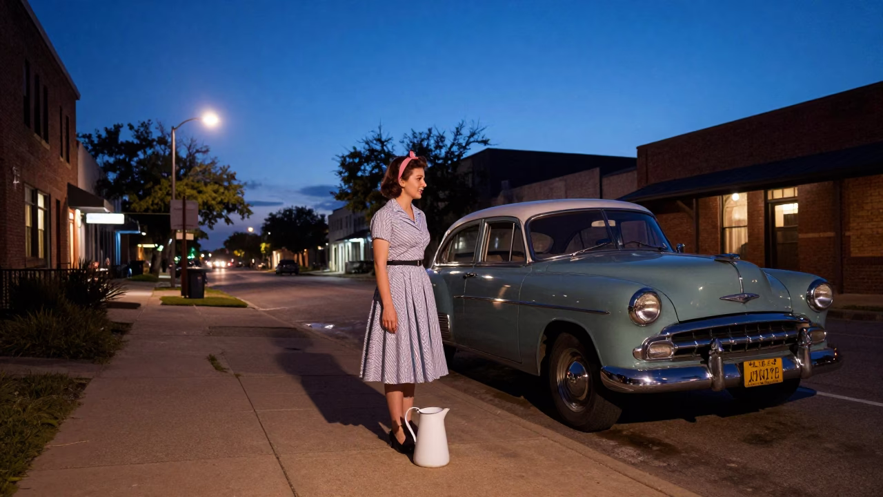 Vintage 1950s Austin Texas Twilight Street Scene with Enamel Pitcher and Artichokes in in Austin, Texas, United States