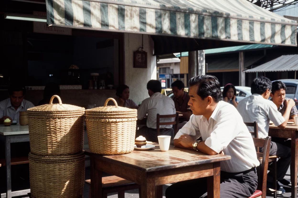 Vintage 1950s Bangkok Cafe Scene with Woven Basket and Chess Clock in in Bangkok, Thailand