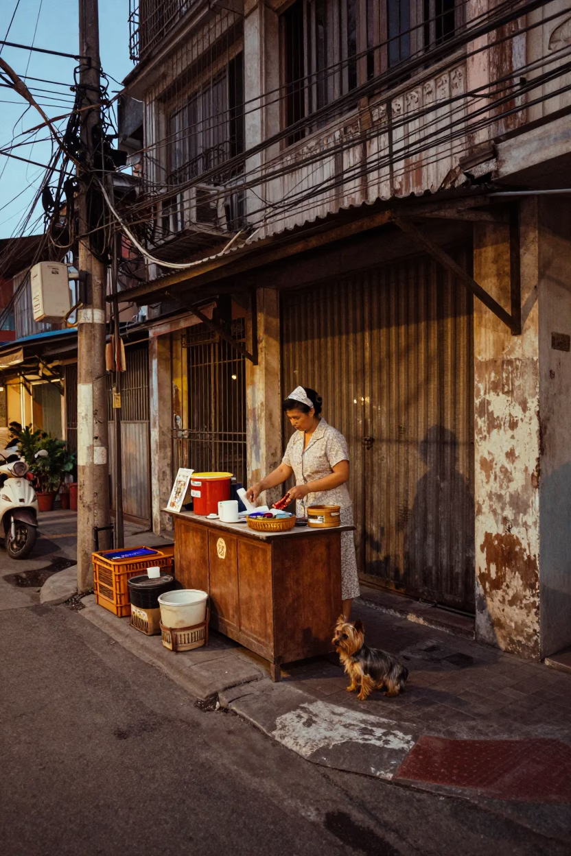 Vintage 1950s Bangkok street corner evening scene with weathered tiles and local commerce in in Bangkok, Thailand