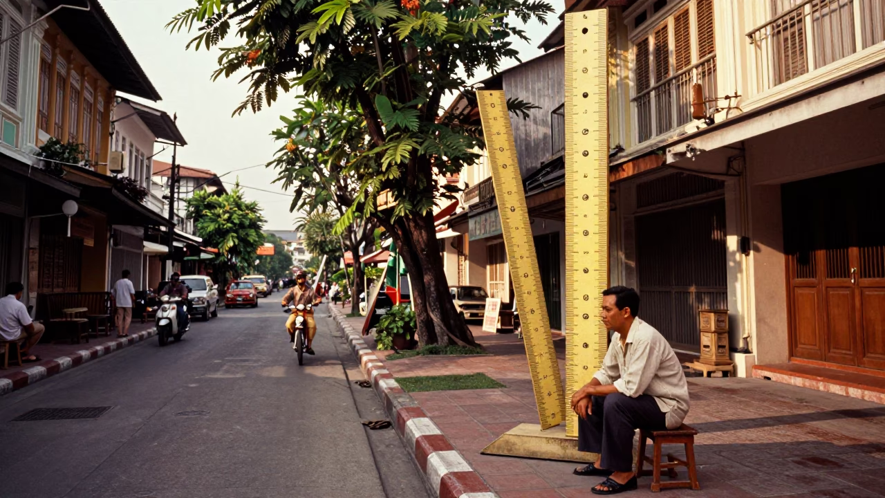 Vintage 1950s Bangkok Street Scene with Folding Ruler and Bicycle Near Cafe in in Bangkok, Thailand