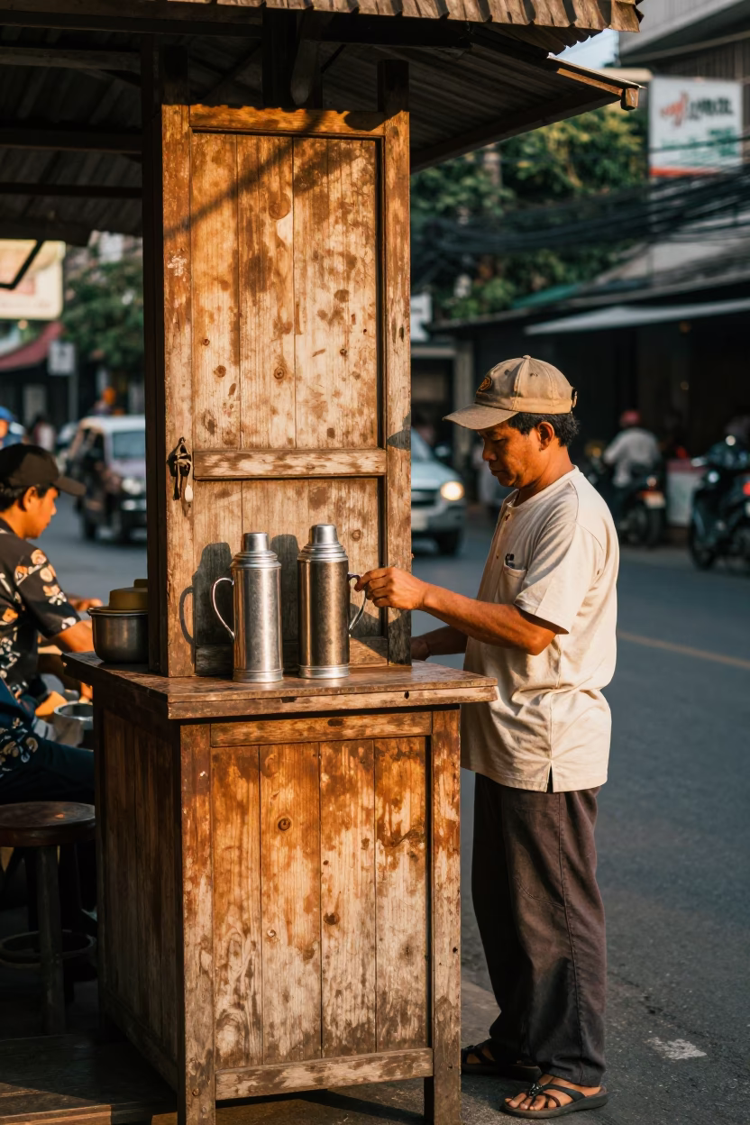 Vintage 1950s Bangkok Street Scene with Thermos and Local Commerce in in Bangkok, Thailand