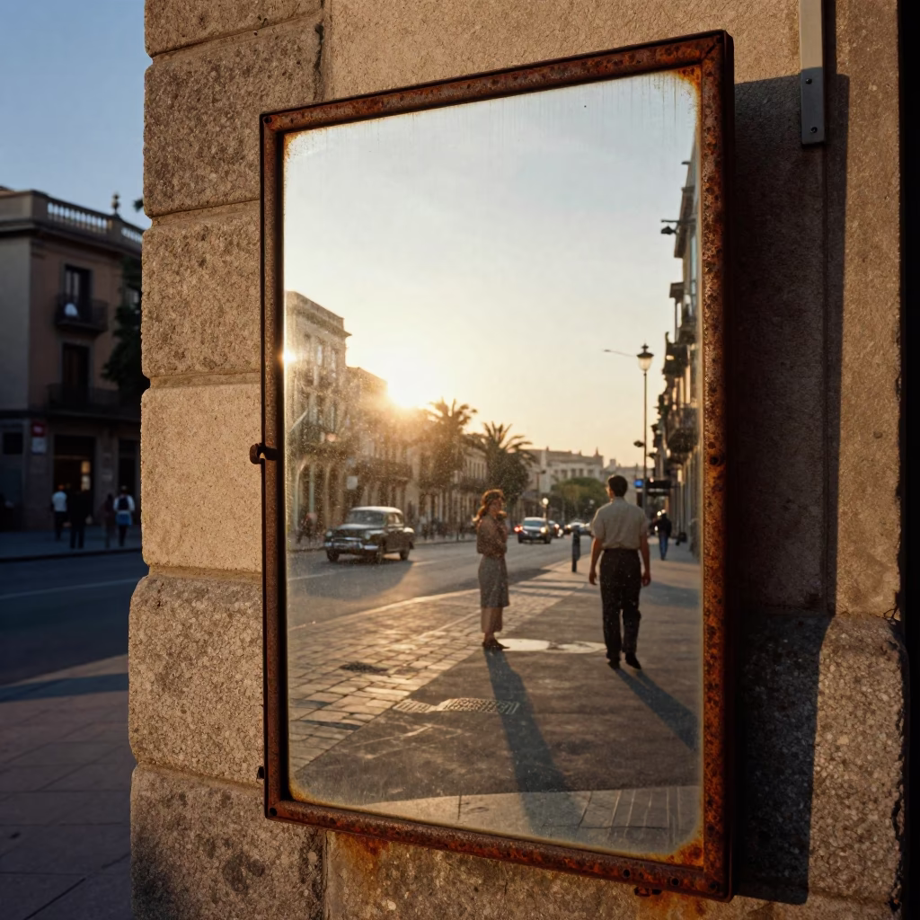 Vintage 1950s Barcelona Street Scene with Rusty Mirror and Step Stool at Sunset in in Barcelona, Spain
