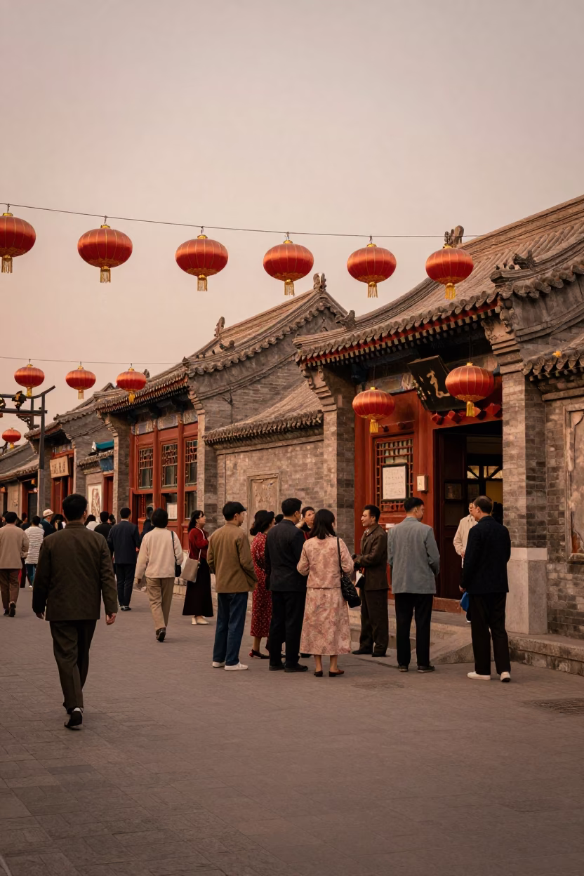 Vintage 1950s Beijing Street Scene with Lantern Festival Sky Lanterns Rising at Dusk in in Beijing, China
