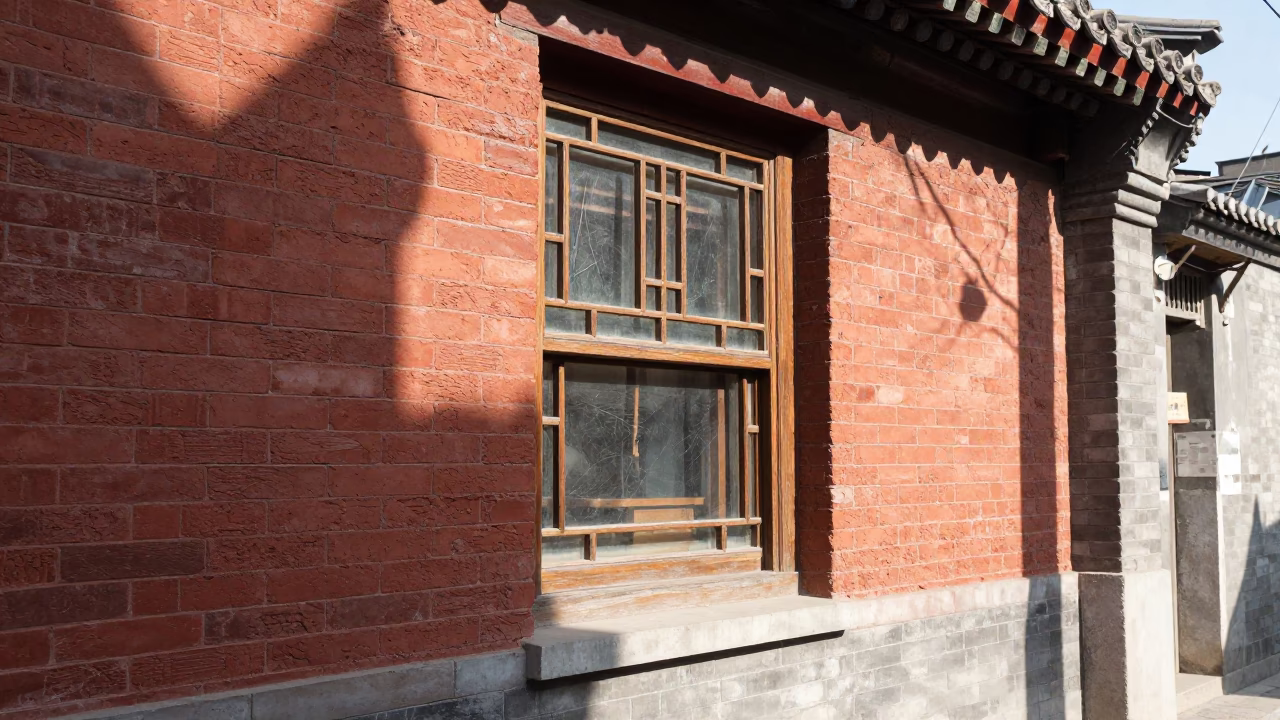Vintage 1950s Beijing Street Scene with Wooden Window and Glass Jar in in Beijing, China