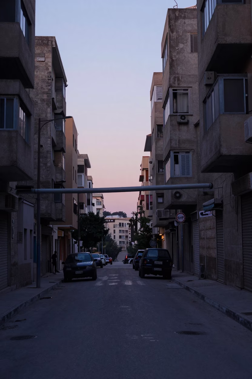 Vintage 1950s Beirut Street Scene Before Dawn with Concrete Apartment Blocks in in Beirut, Lebanon
