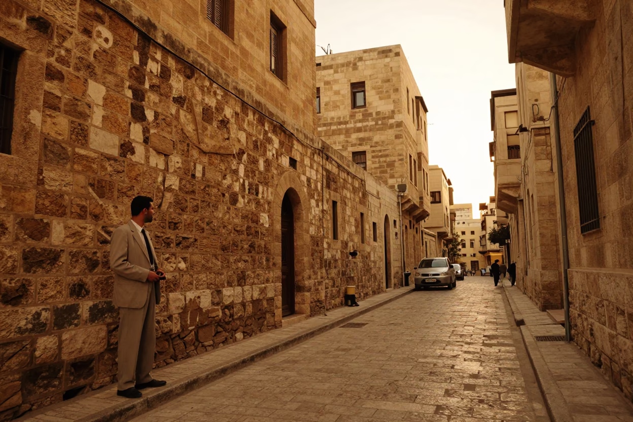 Vintage 1950s Beirut Street Scene Honeyed Evening Light with Local Life in in Beirut, Lebanon