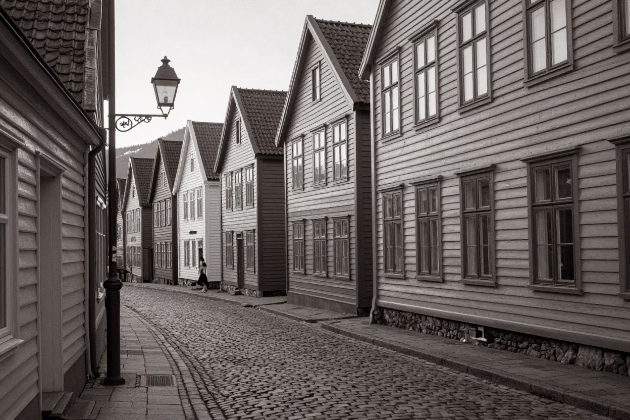 Vintage 1950s Bergen Norway Cobblestone Street Scene with Lantern and Mossy Details in in Bergen, Norway