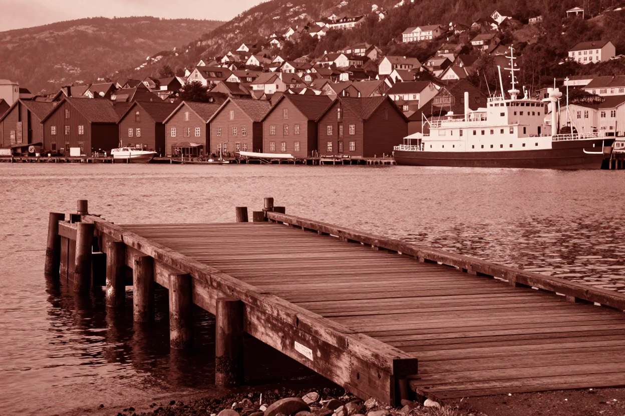 Vintage 1950s Bergen Norway Ferry Ramp Piling Low Tide Copper Dusk Light in in Bergen, Norway