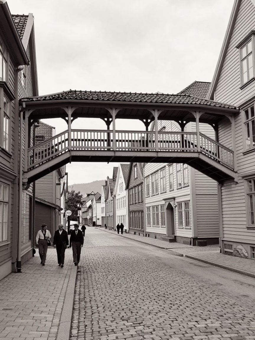 Vintage 1950s Bergen Norway Street Scene with Pedestrian Overpass and Wet Footsteps in in Bergen, Norway
