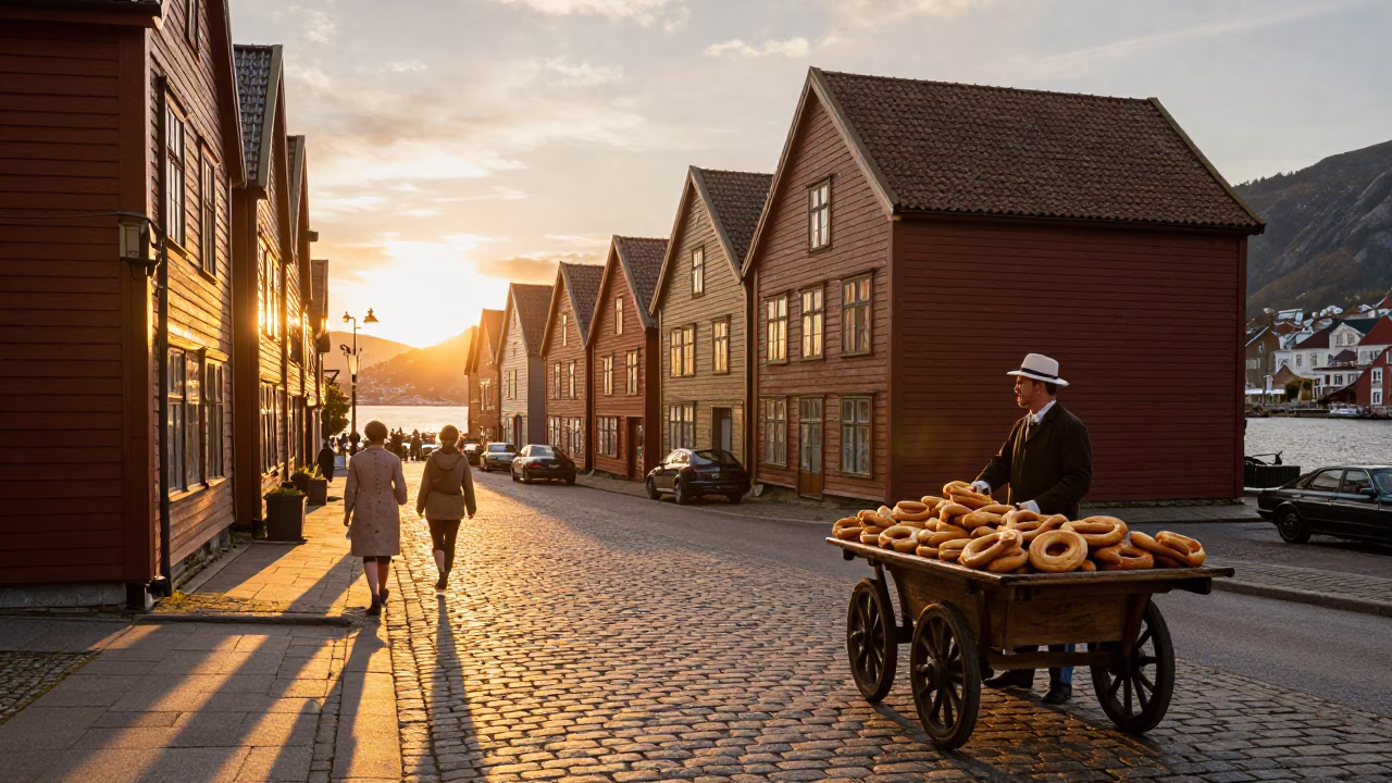 Vintage 1950s Bergen Norway Sunset Street Scene with Kanelbullar and Newspaper in in Bergen, Norway