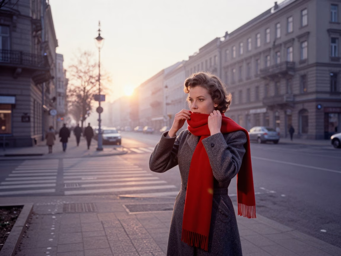 Vintage 1950s Berlin Street Scene at Dawn with Scarf and Clock in in Berlin, Germany