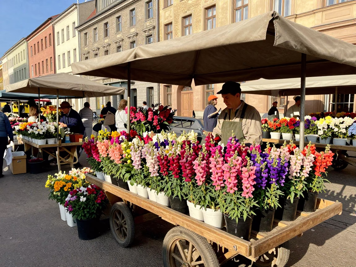 Vintage 1950s Berlin Street Scene with Colorful Flower Market and Traditional Dish Towels in in Berlin, Germany