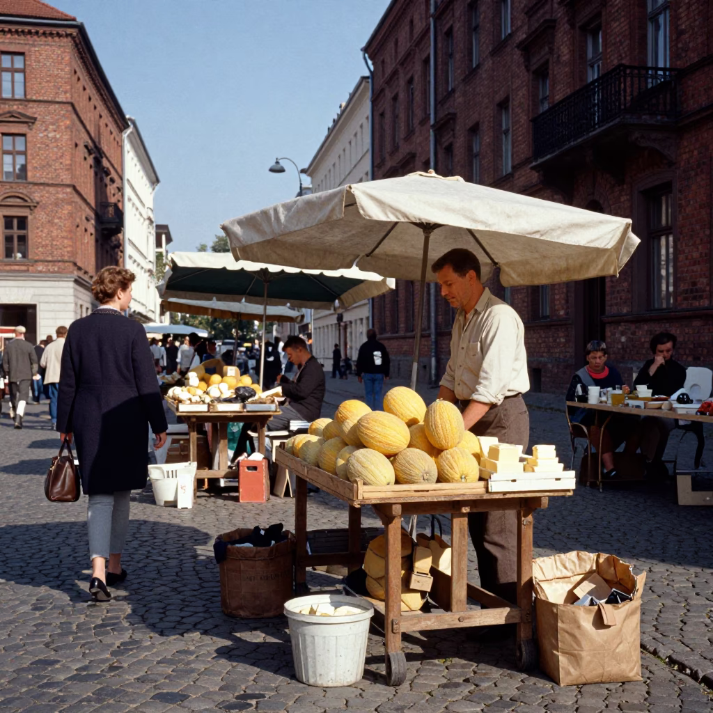 Vintage 1950s Berlin Street Scene with Melons and Butter Knife at Outdoor Market in in Berlin, Germany