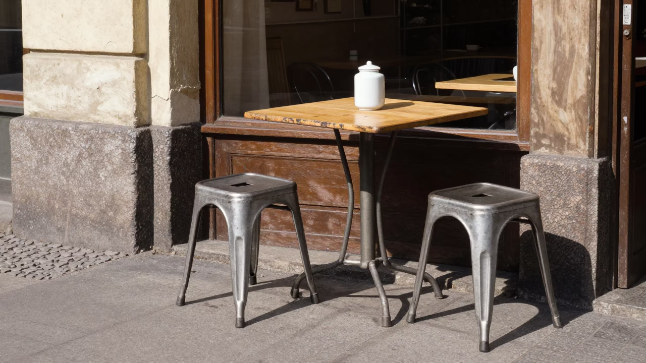 Vintage 1950s Berlin Street Scene with Metal Stools and Blue White Porcelain Jar in in Berlin, Germany