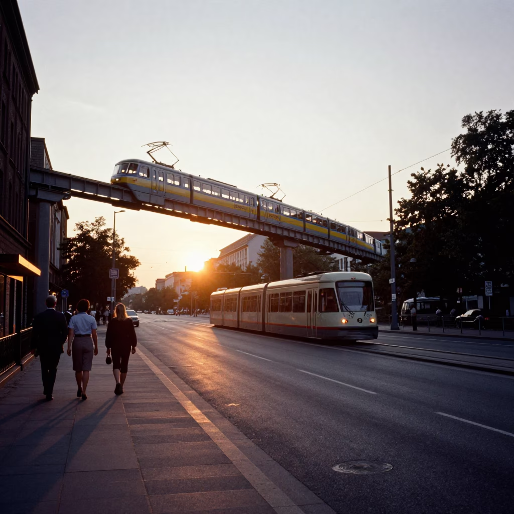 Vintage 1950s Berlin Street Scene with Monorail and Evening Light in in Berlin, Germany