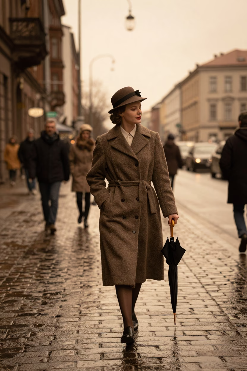 Vintage 1950s Berlin Street Scene with Woman in Coat and Umbrella in in Berlin, Germany