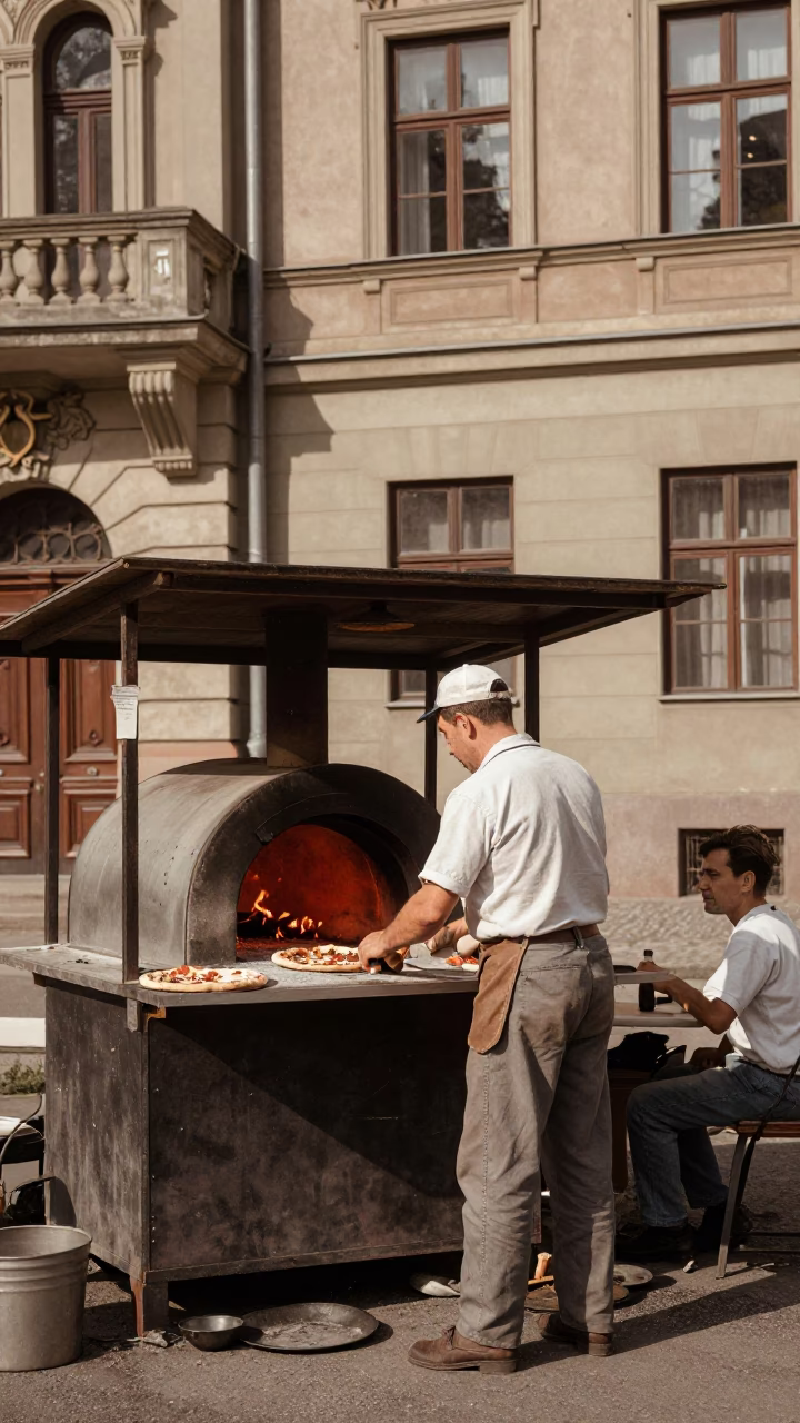 Vintage 1950s Berlin Street Scene with Wood-Fired Pizza and Pickle Jar in in Berlin, Germany