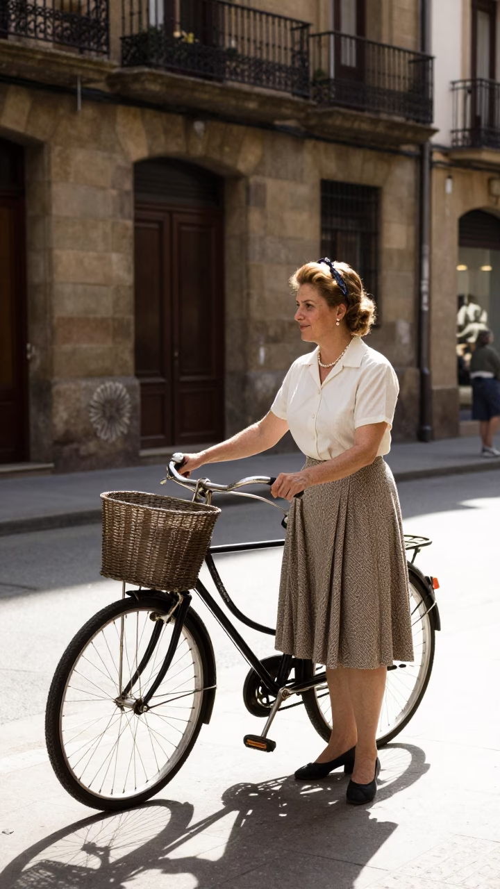 Vintage 1950s Bilbao Street Scene with Bicycle Basket and Local Interaction in in Bilbao, Spain