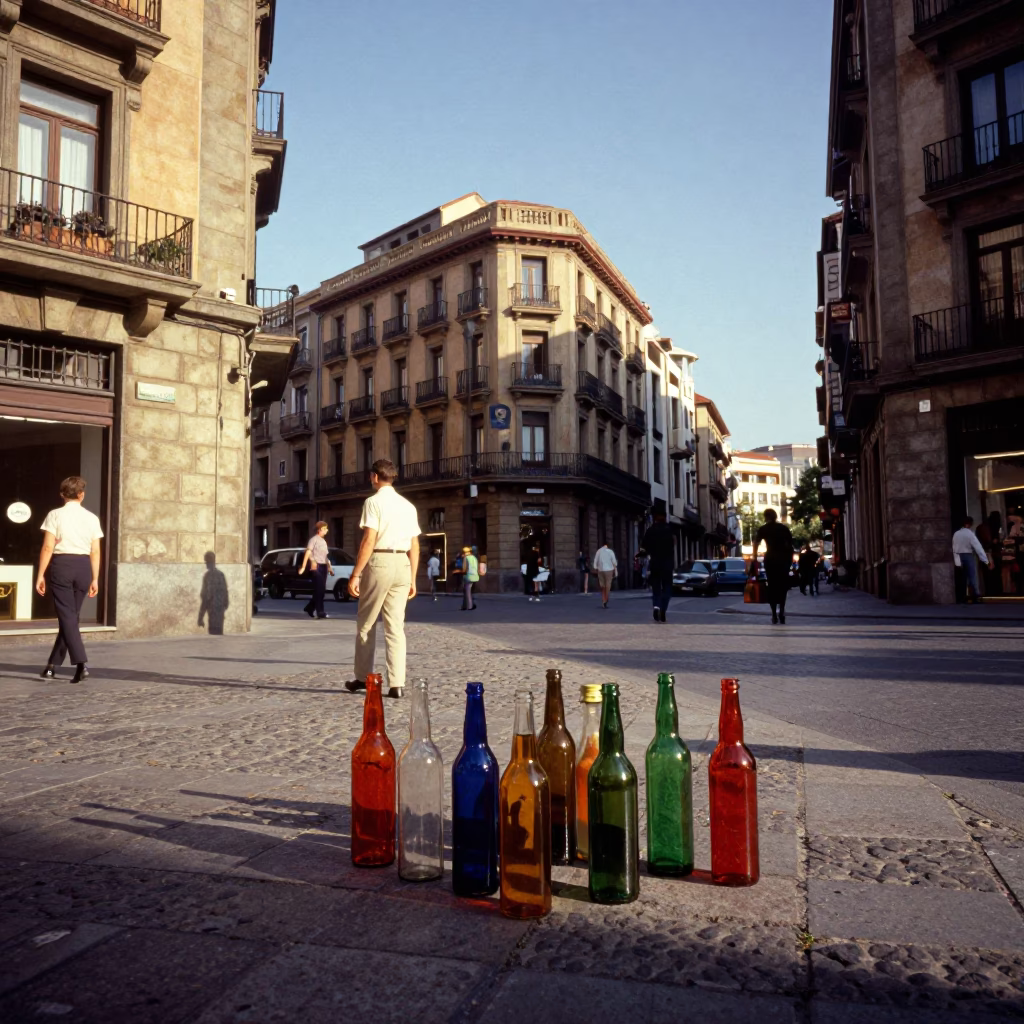 Vintage 1950s Bilbao Street Scene with Colorful Glass Bottles and Traditional Mailbox in in Bilbao, Spain