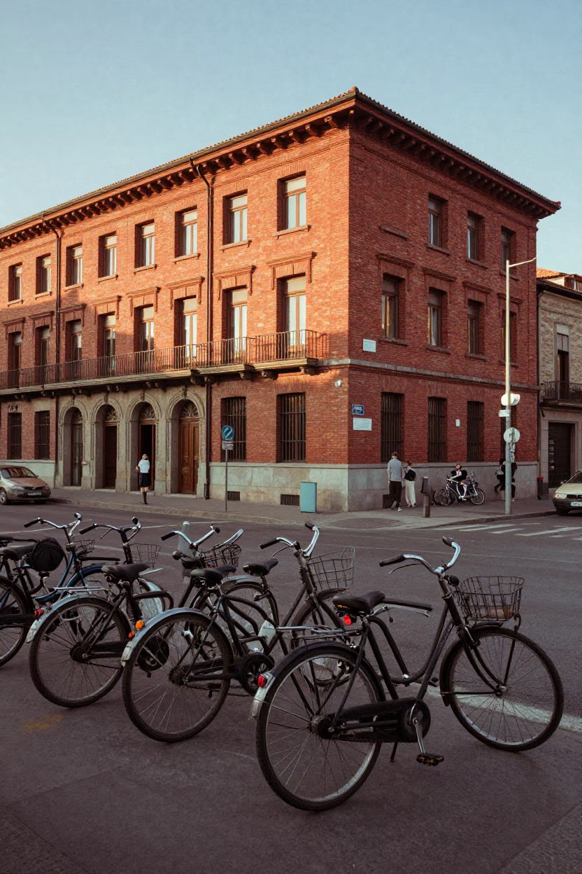 Vintage 1950s Bilbao Street Scene with Red Brick Lecture Building and Bicycle Rack in in Bilbao, Spain