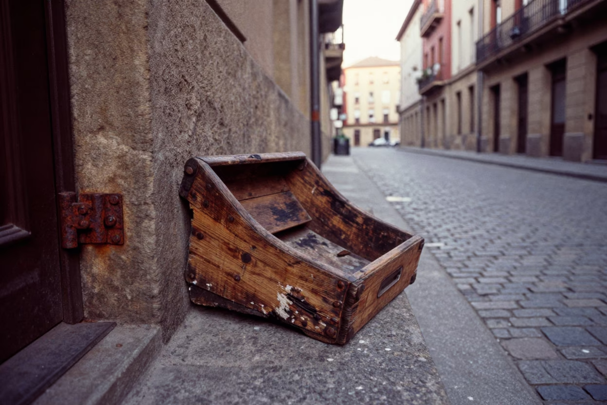 Vintage 1950s Bilbao Street Scene with Rusty Hinge and Letter Tray in in Bilbao, Spain