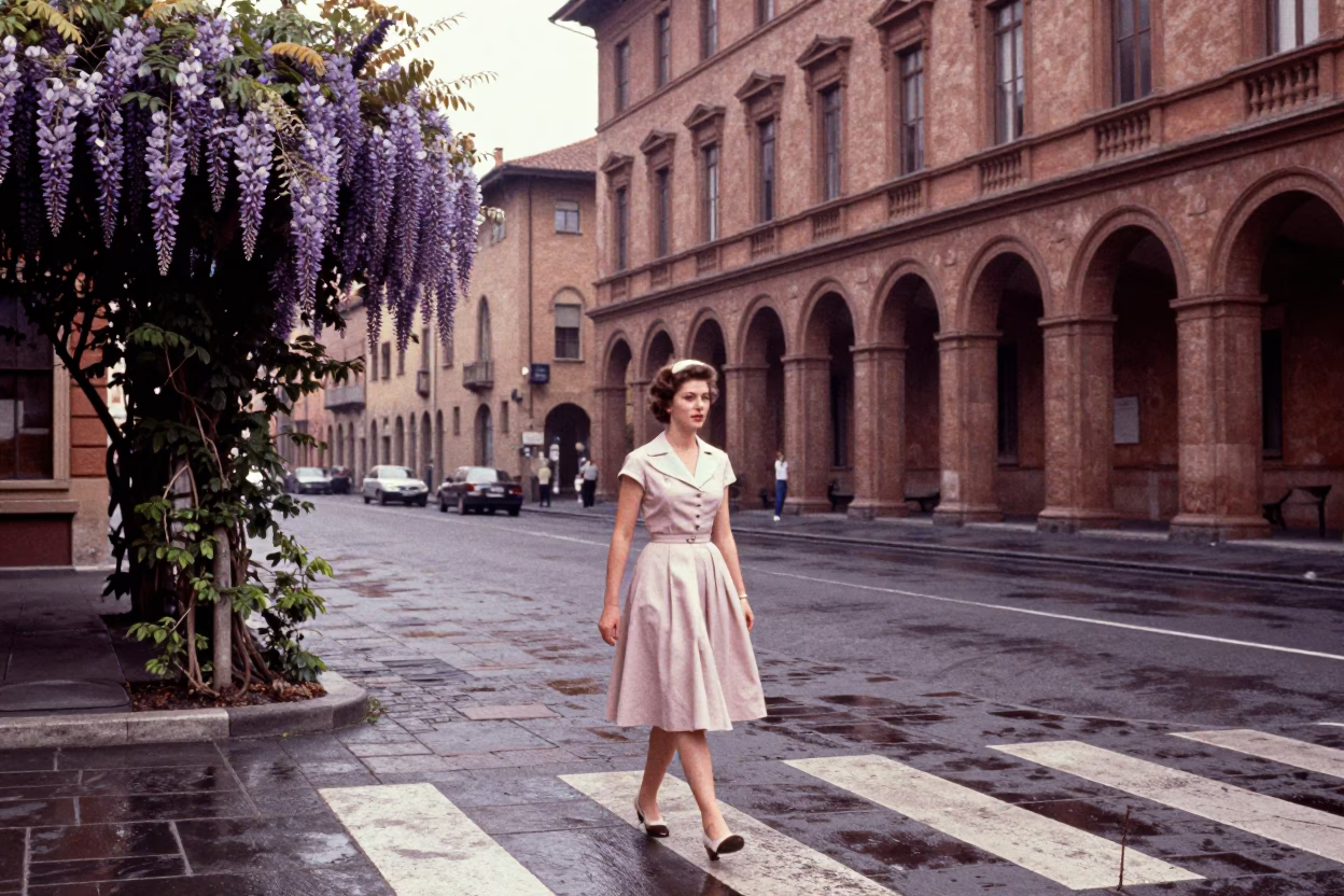 Vintage 1950s Bologna Street Scene with Wisteria and University Cloister in in Bologna, Italy