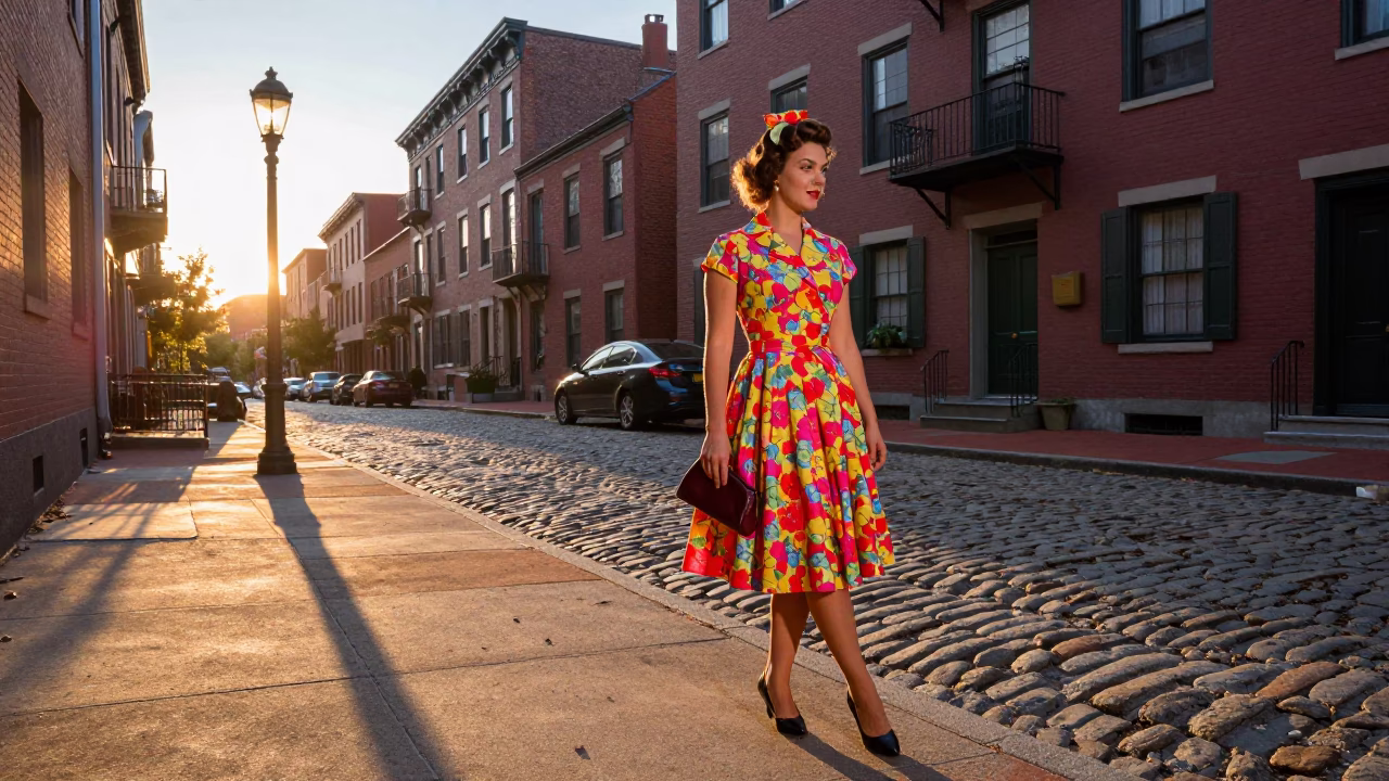 Vintage 1950s Boston Street Scene at Sunset with Colorful Fashion and Local Details in in Boston, Massachusetts, United States