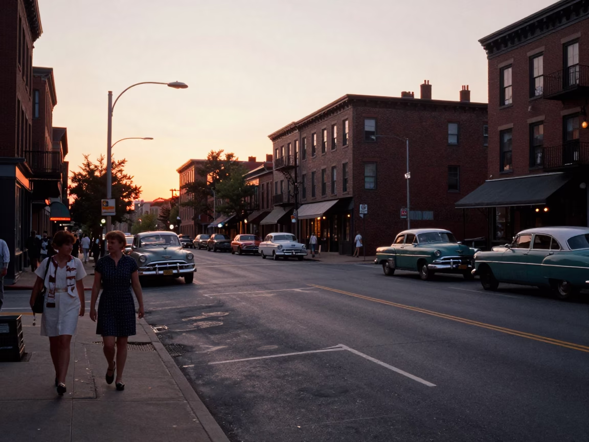 Vintage 1950s Boston Street Scene at Sunset with Pedestrians and Classic Cars in in Boston, Massachusetts, United States