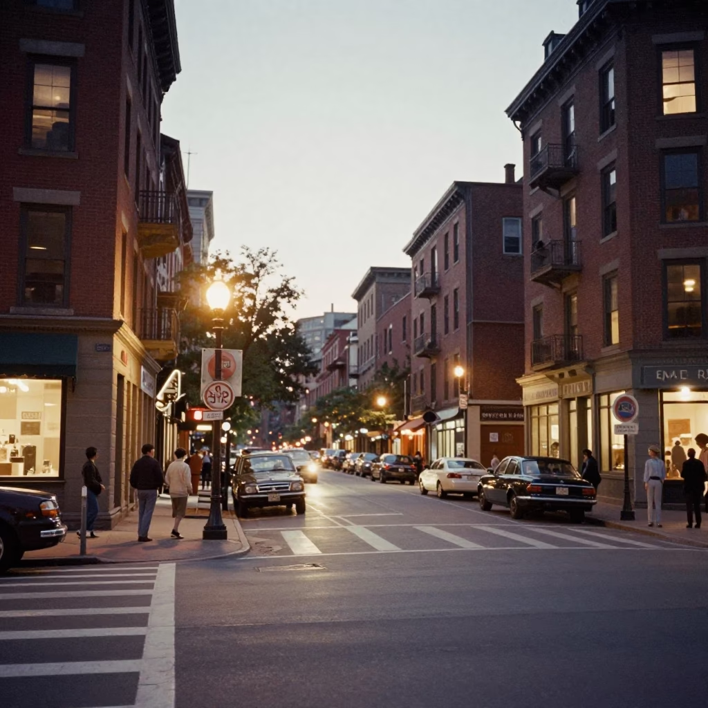 Vintage 1950s Boston Street Scene with City Lights Glowing and Rusty Wall Details in in Boston, Massachusetts, United States