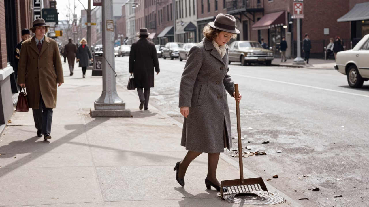 Vintage 1950s Boston Street Scene with Pedestrians and Urban Details in in Boston, Massachusetts, United States