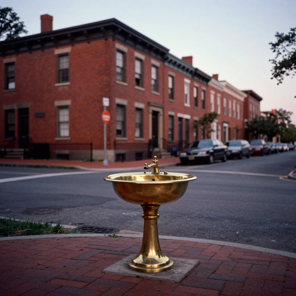 Vintage 1950s Boston Street Scene with Polished Brass Basin and Boxwood Hedges in in Boston, Massachusetts, United States