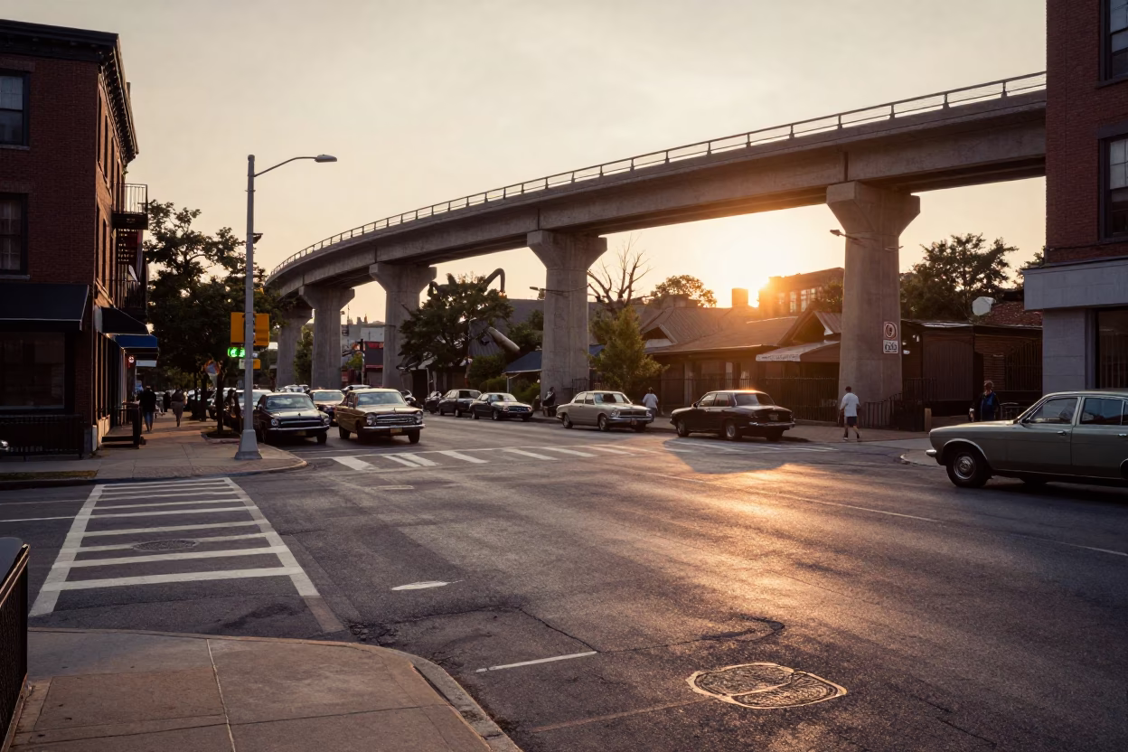 Vintage 1950s Boston Street Scene with Sunlight and Concrete Viaduct in in Boston, Massachusetts, United States