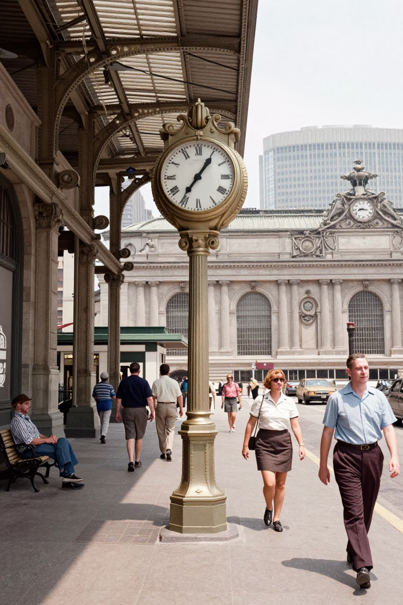 Vintage 1950s Boston Street Scene with Train Station Clock and Terracotta Pot Midday in in Boston, Massachusetts, United States