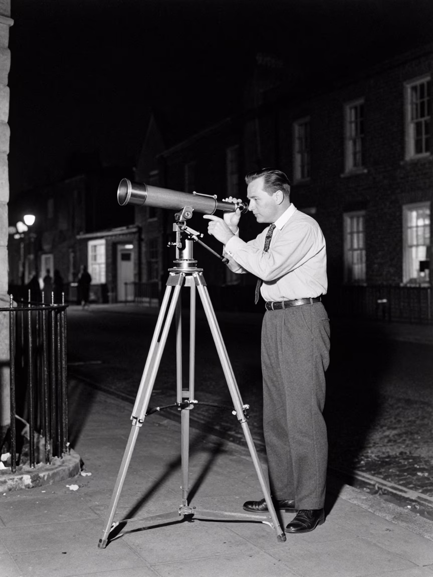 Vintage 1950s Bristol Night Scene with Astronomer Calibrating Telescope Under Deep Sky in in Bristol, United Kingdom