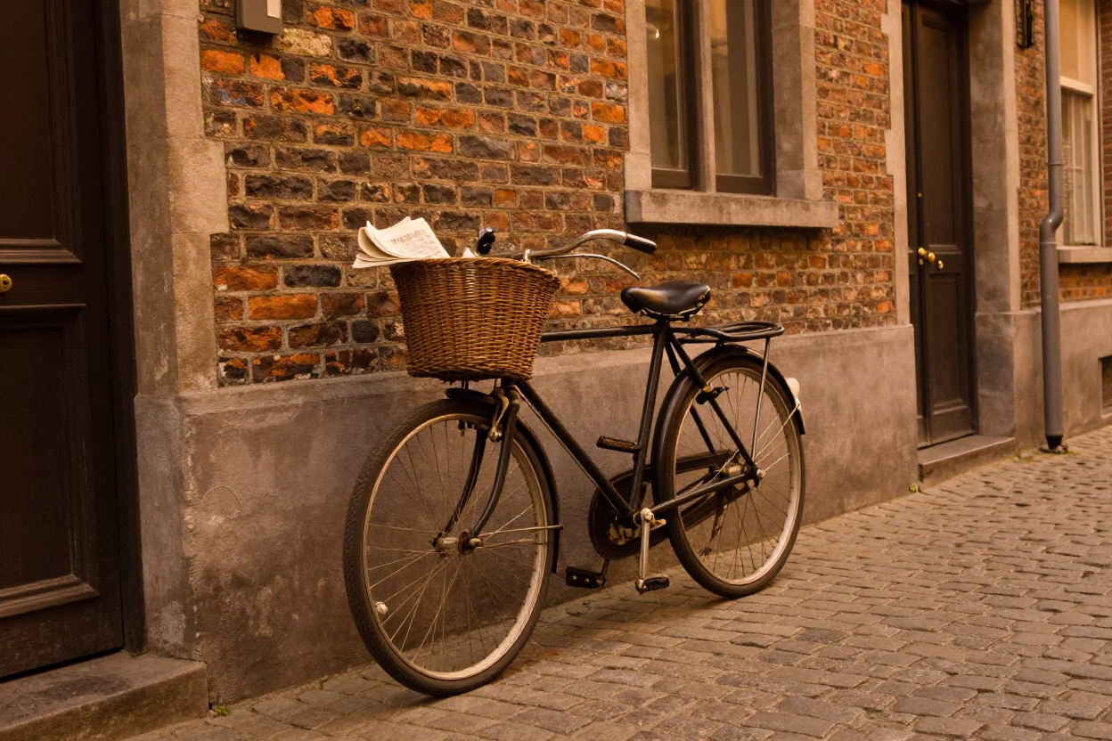 Vintage 1950s Brussels Evening Street Scene with Bicycle Basket and Rain Boots in in Brussels, Belgium