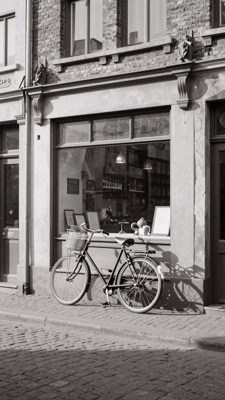 Vintage 1950s Brussels Street Scene with Bicycle and Bakery at Dawn in in Brussels, Belgium