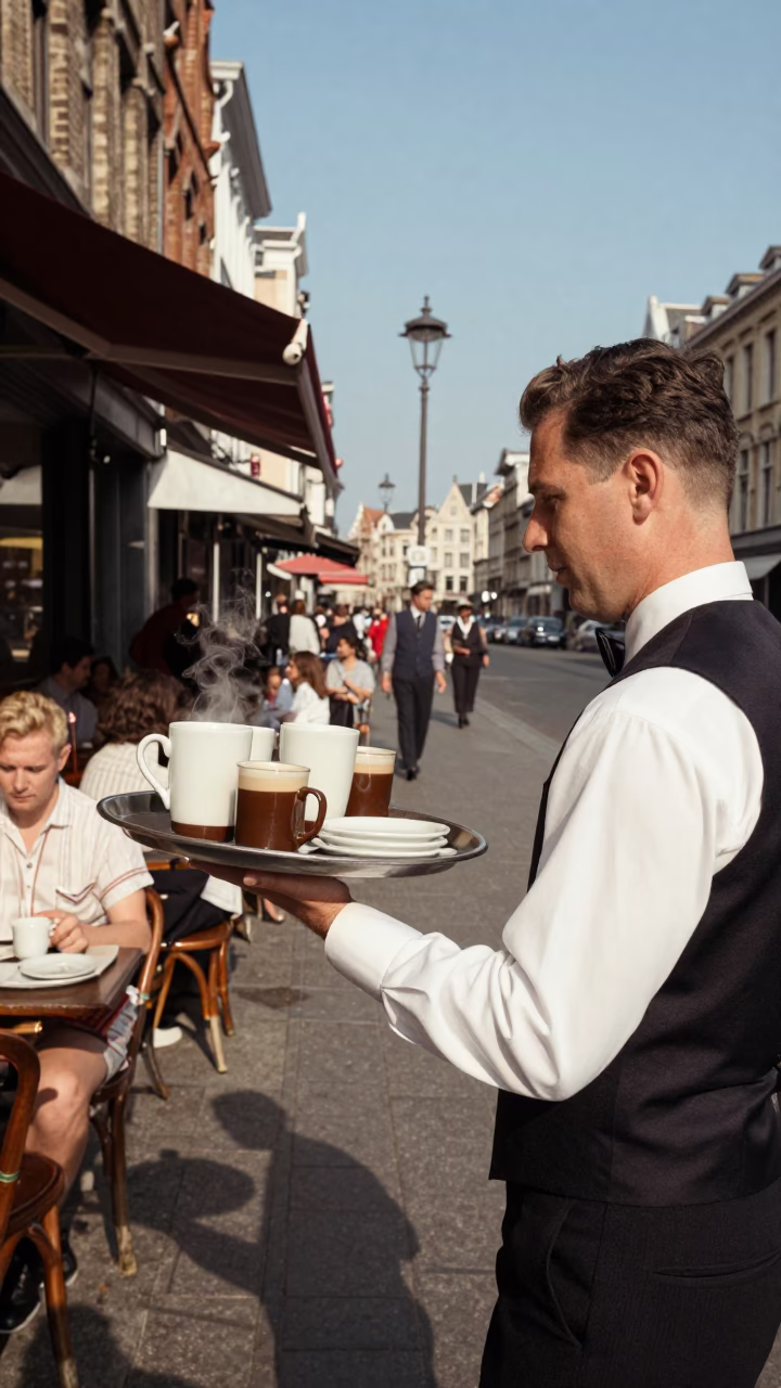 Vintage 1950s Brussels Street Scene with Ceramic Mugs and Knife Marks on Wood in in Brussels, Belgium