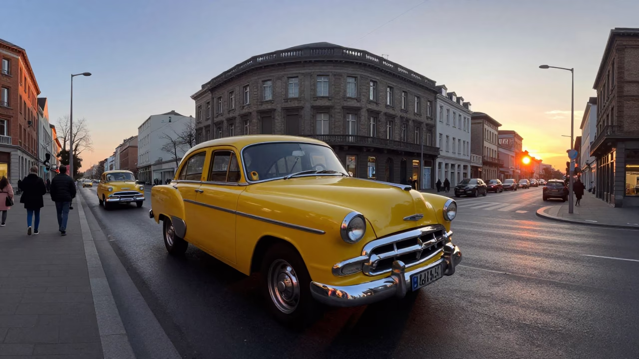Vintage 1950s Brussels Street Scene with Yellow Taxi and Glass Carafe in in Brussels, Belgium