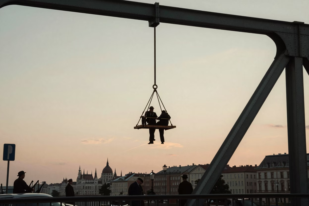 Vintage 1950s Budapest Evening Street Scene with Bridge Maintenance Cradle and Local Life in in Budapest, Hungary