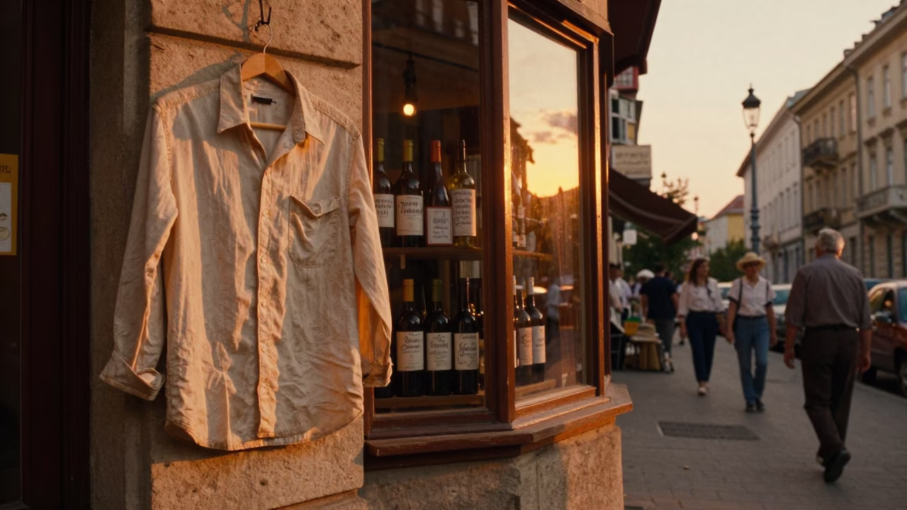 Vintage 1950s Budapest Street Scene at Sunset with Shirt Hanger and Wine Shop in in Budapest, Hungary