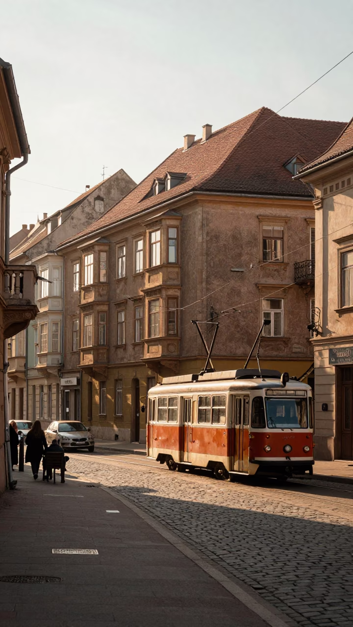 Vintage 1950s Budapest Street Scene Morning Light and Classic Architecture in in Budapest, Hungary