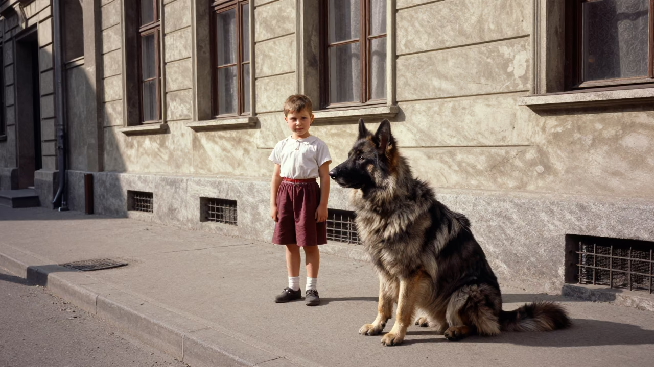 Vintage 1950s Budapest Street Scene with Child and Pyrenean Shepherd Dog in in Budapest, Hungary