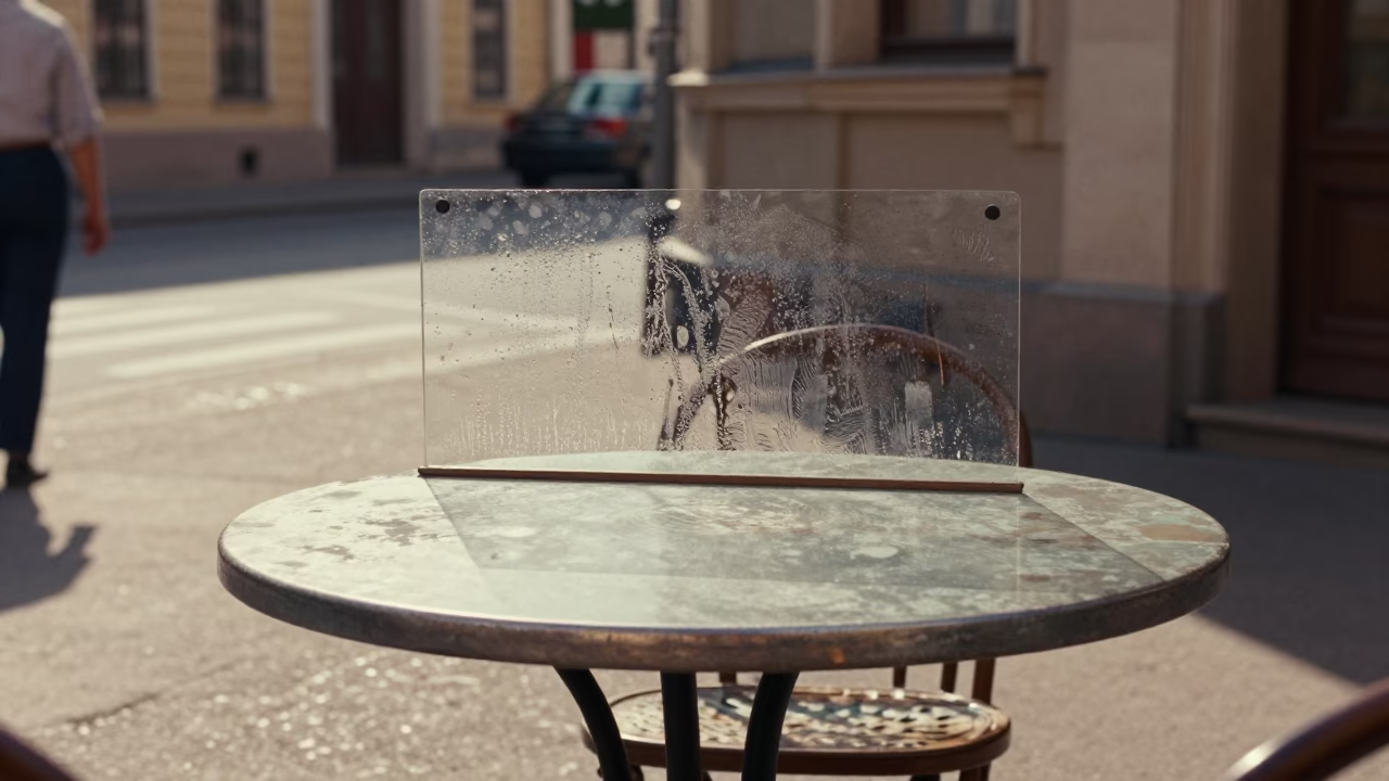 Vintage 1950s Budapest Street Scene with Condensation on Tabletop and Hydrangea Bush in in Budapest, Hungary